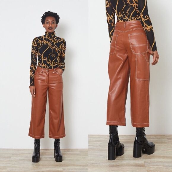 NWT STAUD Cropped Domino Vegan Leather Pant in Whiskey Brown 2 - Picture 1 of 10